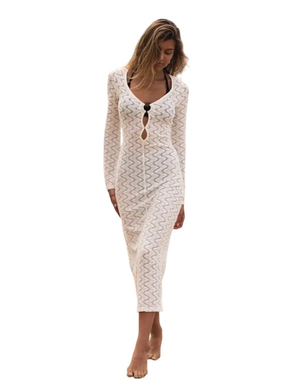 Lulus Ivory Crochet O-Ring Swim Cover Midi Dress Sheer Sz MED Beachy Resort